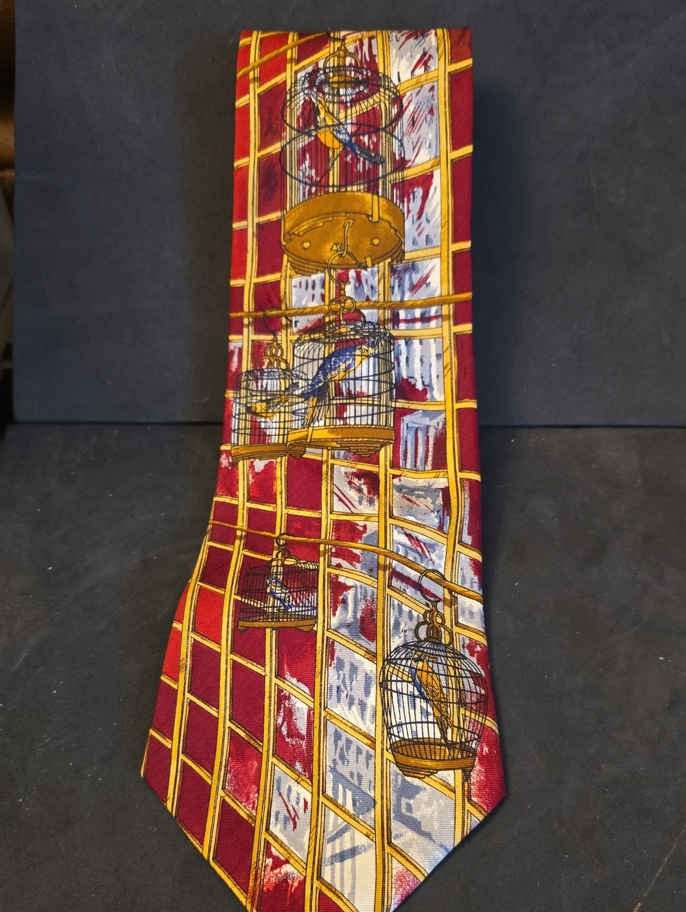 Perry Ellis Red & Gold Birdcage Print Silk Tie VTG Parrots